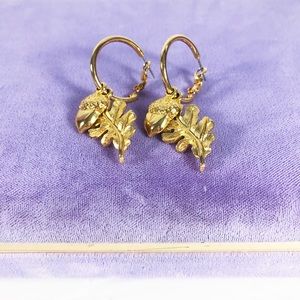 Small hoop fall acorn leaf dangle charm earrings